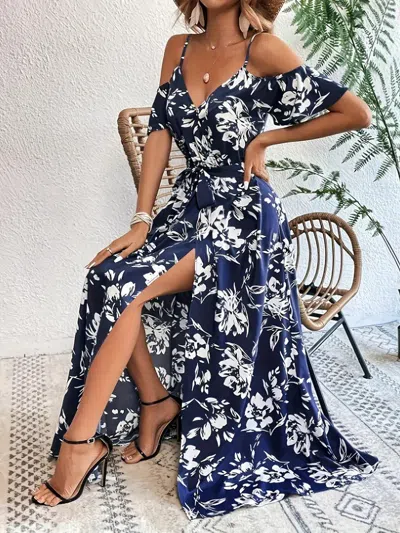 Truedames Floral Asymmetrical Maxi Dress In Blue