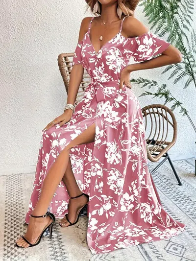 Truedames Floral Asymmetrical Maxi Dress In Pink