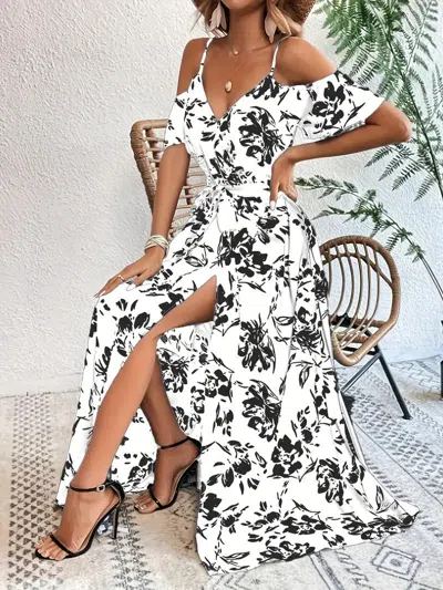 Truedames Floral Asymmetrical Maxi Dress In White