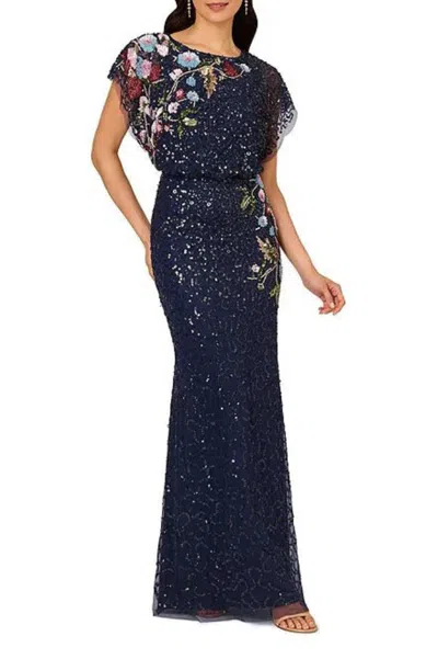 Truedames Floral Beaded Boat Neckline Sheer Short Dolman Sleeves Blouson Bodice Mermaid Gown Dress In Blue