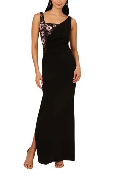 Truedames Floral Beading Asymmetrical Square Neckline Sleeveless Tank Straps Ruched Details Skirt Side Slit Sh In Black
