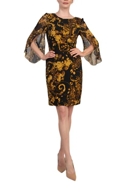 Truedames Floral Boat Neckline Open-cut Three-quarter Flowy Sheer Sleeves Sheath Dress In Yellow