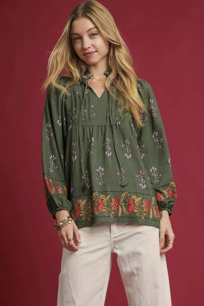 Truedames Floral Boho Peasant Blouse In Green