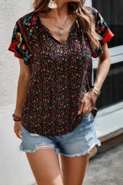 Truedames Floral Boho Ruffle V Neck Short Sleeve Loose Shirt In Black