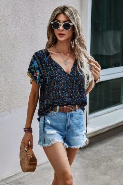 Truedames Floral Boho Ruffle V Neck Short Sleeve Loose Shirt In Blue