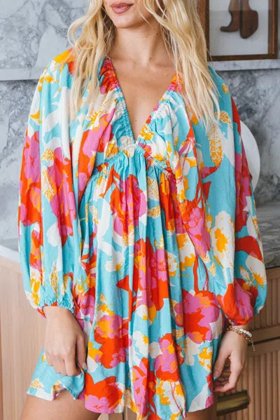 Truedames Floral Bracelet Sleeve Empire Waist Mini Dress In Multi