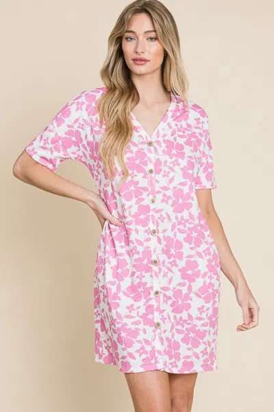 Truedames Floral Button Down Mini Dress In Pink