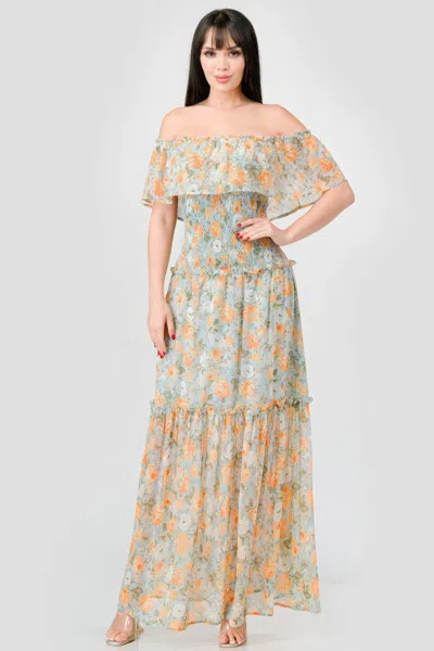 Truedames Floral Chiffon Off Shoulder Smocked Back Ruffled Tiered Maxi Dress In Blue