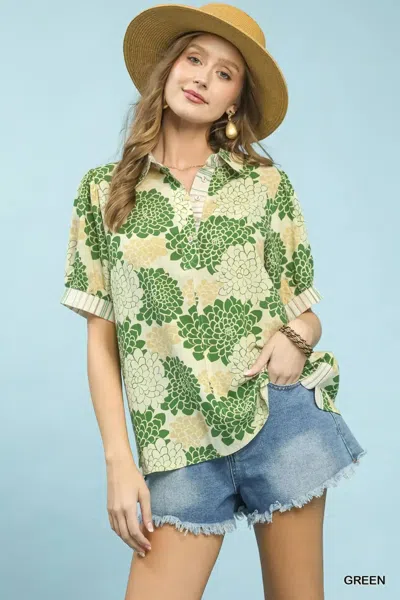Truedames Floral Collared Short Sleeve Blouse In Green