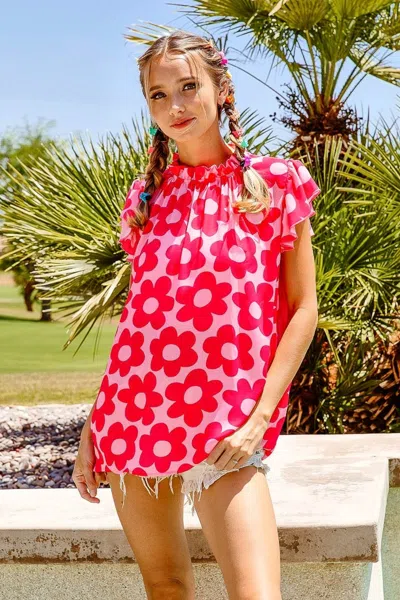 Truedames Floral Contrast Ruffled Top In Red