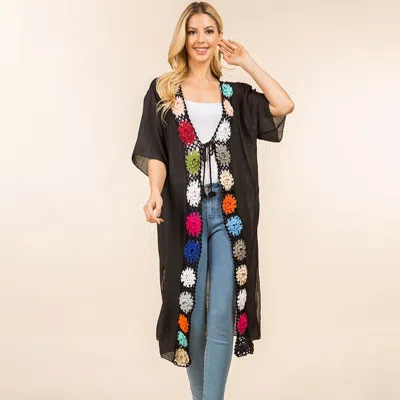 Truedames Floral Crochet Trim Open Front Long Kimono Poncho In Black