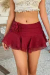 Truedames Floral Decoration Solid Ruched Waist Ruffle Skirt In Red