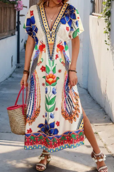 Truedames Floral Deep V Neck Batwing Sleeve Fit Dress In Multi