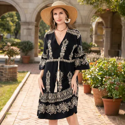 Truedames Floral Embroidered Bohemian Mini Dress In Black