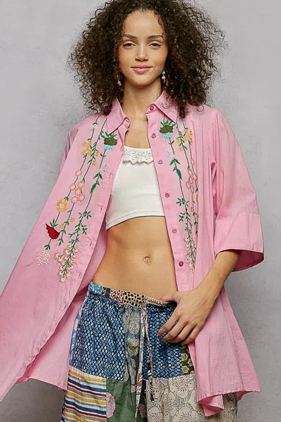 Truedames Floral Embroidered Half Sleeve Cotton Shirt In Pink
