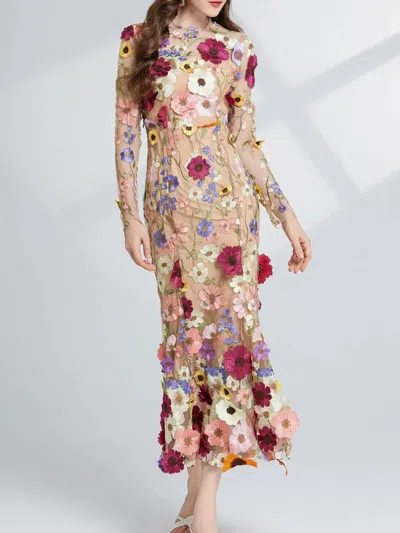Truedames Floral Embroidered Mesh Long Sleeve Midi Dress In Multi