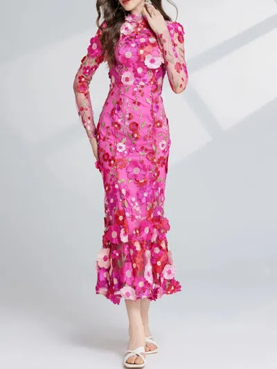 Truedames Floral Embroidered Mesh Long Sleeve Midi Dress In Pink