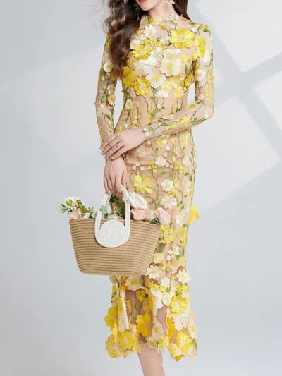 Truedames Floral Embroidered Mesh Long Sleeve Midi Dress In Yellow