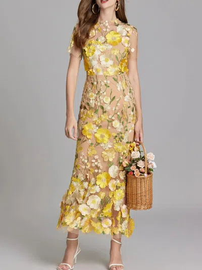 Truedames Floral Embroidered Mesh Overlay Maxi Dress In Yellow