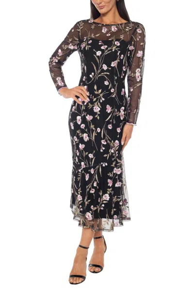 Truedames Floral Embroidered Sheer Mesh Round Illusion Neckline Long Sleeves Bodice Flared Hem Midi Dress In Black