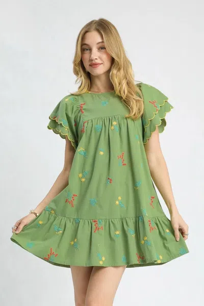 Truedames Floral Embroidered Short Sleeve Mini Dress In Green
