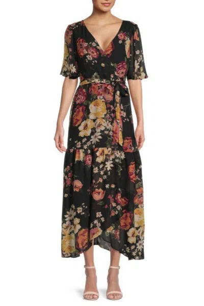 Truedames Floral Flutter Sleeve Chiffon Maxi Dress In Black
