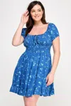 Truedames Floral Front-tie Elastic Waist Ruffle Dress In Blue