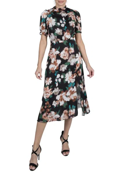 Truedames Floral High Mock Neckline Short Puffed Sleeves Inset Waistline A-line Front-side Slit Faux-wrap Hem  In Black