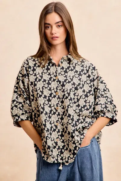 Truedames Floral Jacquard Short Dolman Sleeves Shirt In Black