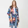 Truedames Floral Kimono Poncho With Fringe In Blue