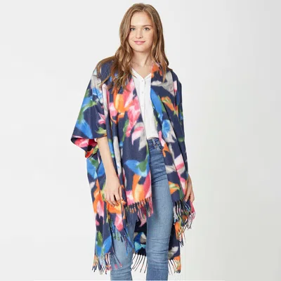 Truedames Floral Kimono Poncho With Fringe In Blue