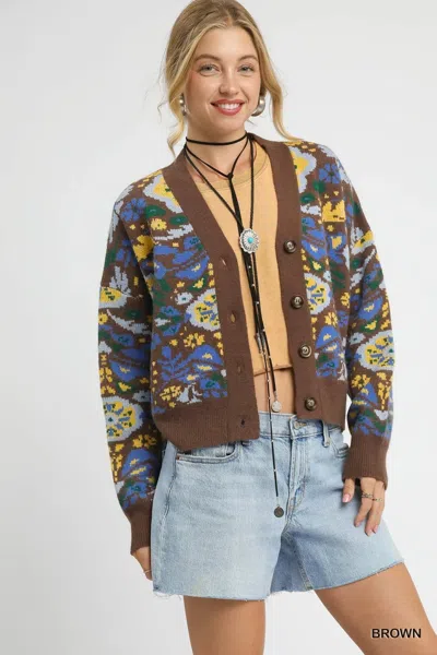 Truedames Floral Knit Button-up Cardigan In Brown