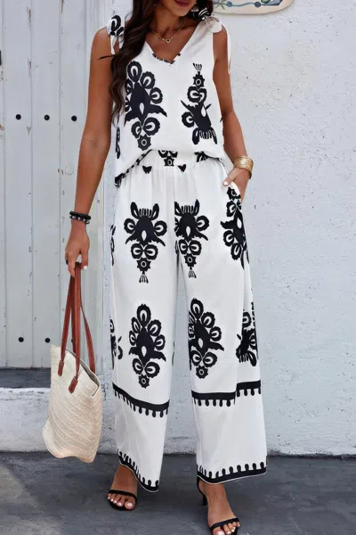 Truedames Floral Knot Shoulder Sleeveless Elastic Waist Sets In White