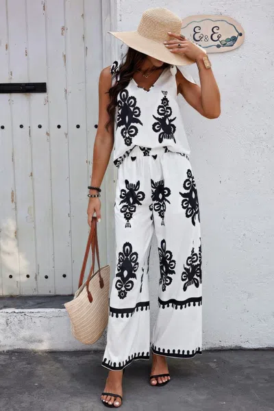 Truedames Floral Knot Shoulder Sleeveless Elastic Waist Sets In White