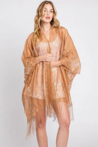 Truedames Floral Lace Kimono With Tassel In Gold