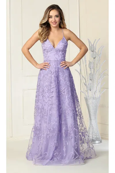 Truedames Floral Lace Open Back Evening Prom Gown In Purple