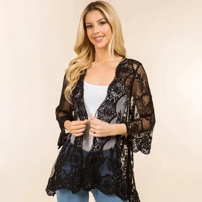 Truedames Floral Lace Open Front Kimono Poncho Cardigan In Black