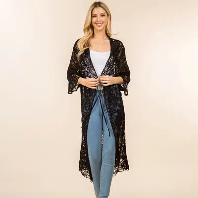 Truedames Floral Lace Open Tie Front Long Kimono Poncho In Black