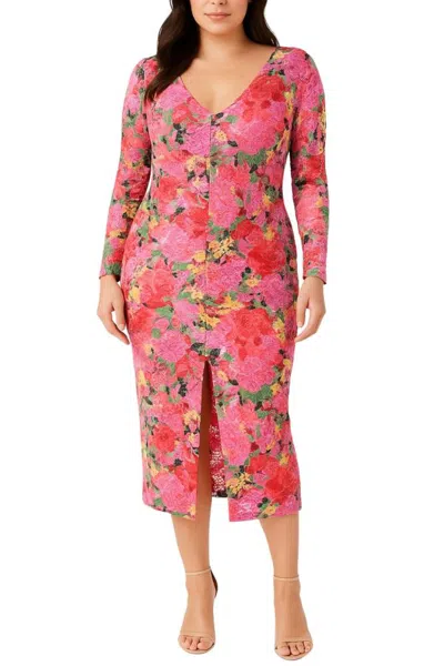 Truedames Floral Lace Overlay Deep V-neckline Long Sleeves Front Slit Fitted Pullover Midi Dress In Pink