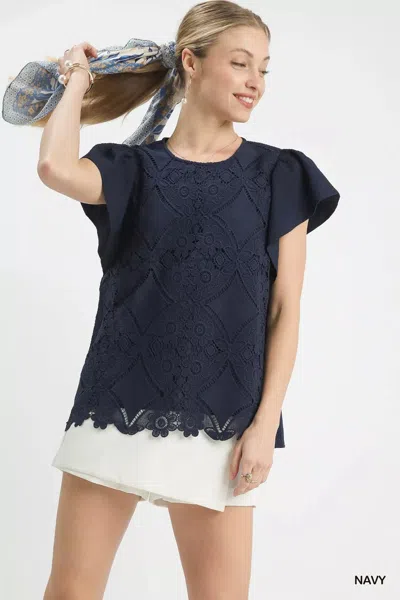 Truedames Floral Lace Overlay Flutter Sleeve Top In Blue