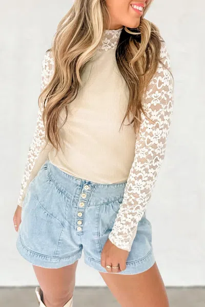 Truedames Floral Lace Patchwork Long Sleeve High Neck Slim Top In White
