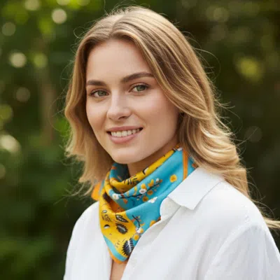 Truedames Floral Leaf Printed Square Silky Satin Bandana Scarf In Blue