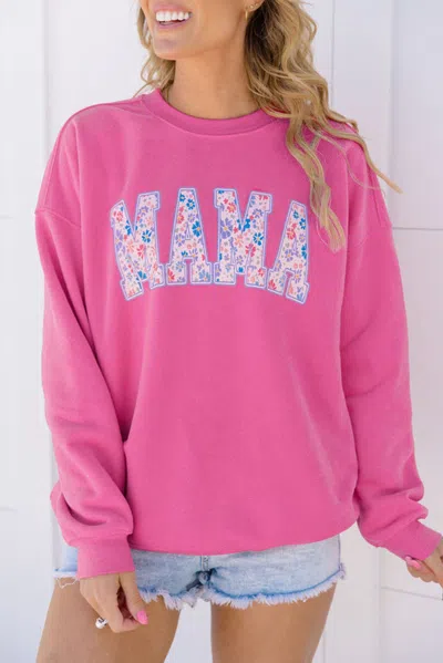 Truedames Floral Mama Embroide Graphic Pullover Sweatshirt In Pink