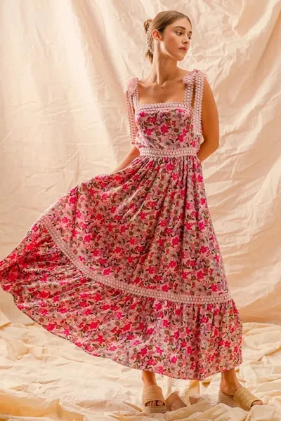 Truedames Floral Maxi Dress With Ribbon Tie Lace Strap In Pink