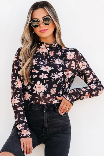 Truedames Floral Mesh Mock Neck Long Sleeve Slim Fit Top In Black
