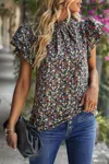 Truedames Floral Mock Neck Ruffle Short Sleeve Shirt In Black