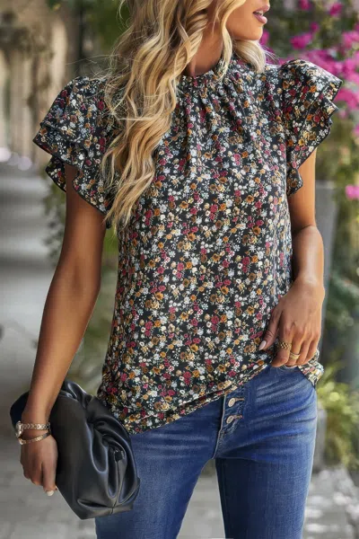 TRUEDAMES FLORAL MOCK NECK RUFFLE SHORT SLEEVE SHIRT