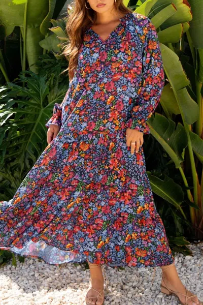 Truedames Floral Notched Flounce Sleeve Maxi Dress In Multi