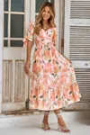 Truedames Floral Paint Short Sleeve Tie Cuff Surplice Dress In Pink
