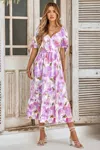 Truedames Floral Paint Short Sleeve Tie Cuff Surplice Dress In Purple